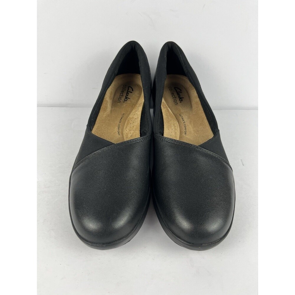Clarks Suttyn Womens 8 Black Leather Wedge‎ Shoes Comfort Casual Clean GUC